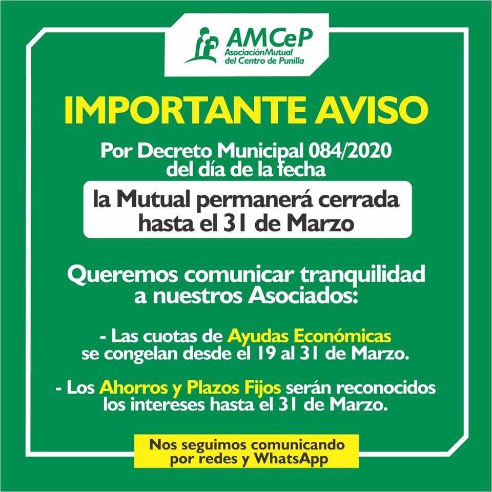 AVISO IMPORTANTE: Mutual AMCeP cerrada hasta el 31/03 | 19-03-2020